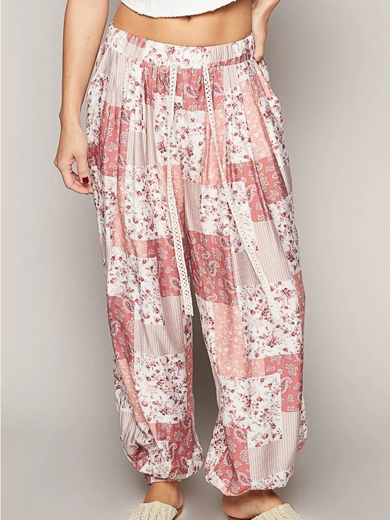 POL Pants - POL Drawstring Floral Patchwork Wide leg Palazzo Pant with Cuffed Ankle, LG